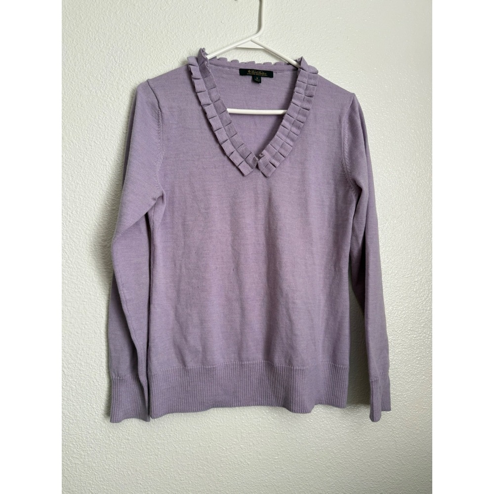 Brooks Brothers Lavender Italian Merino Wool Ruffle V-Neck Sweater Medium Purple